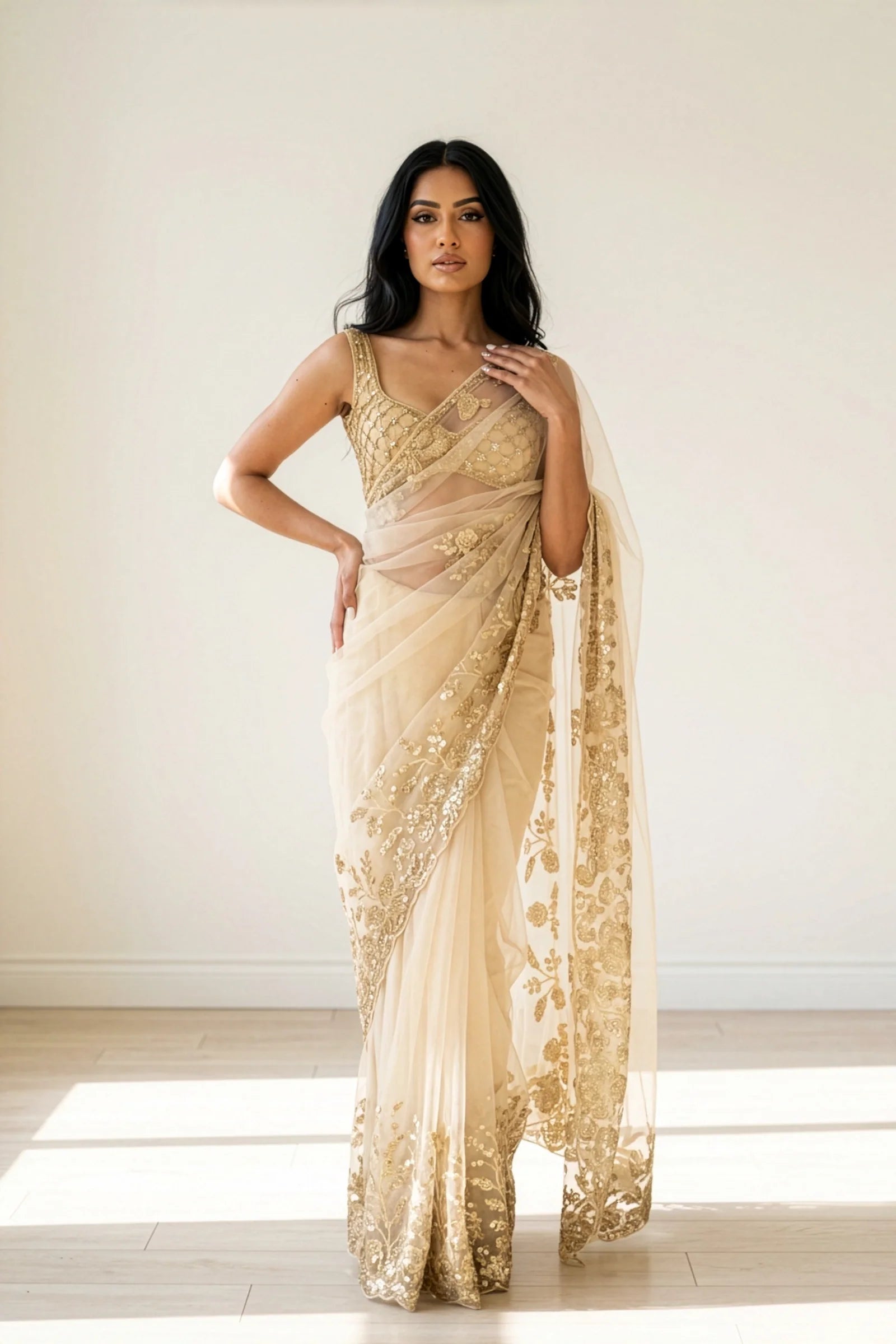 Sand Opulence Easy-Drape Saree – The Saree Room