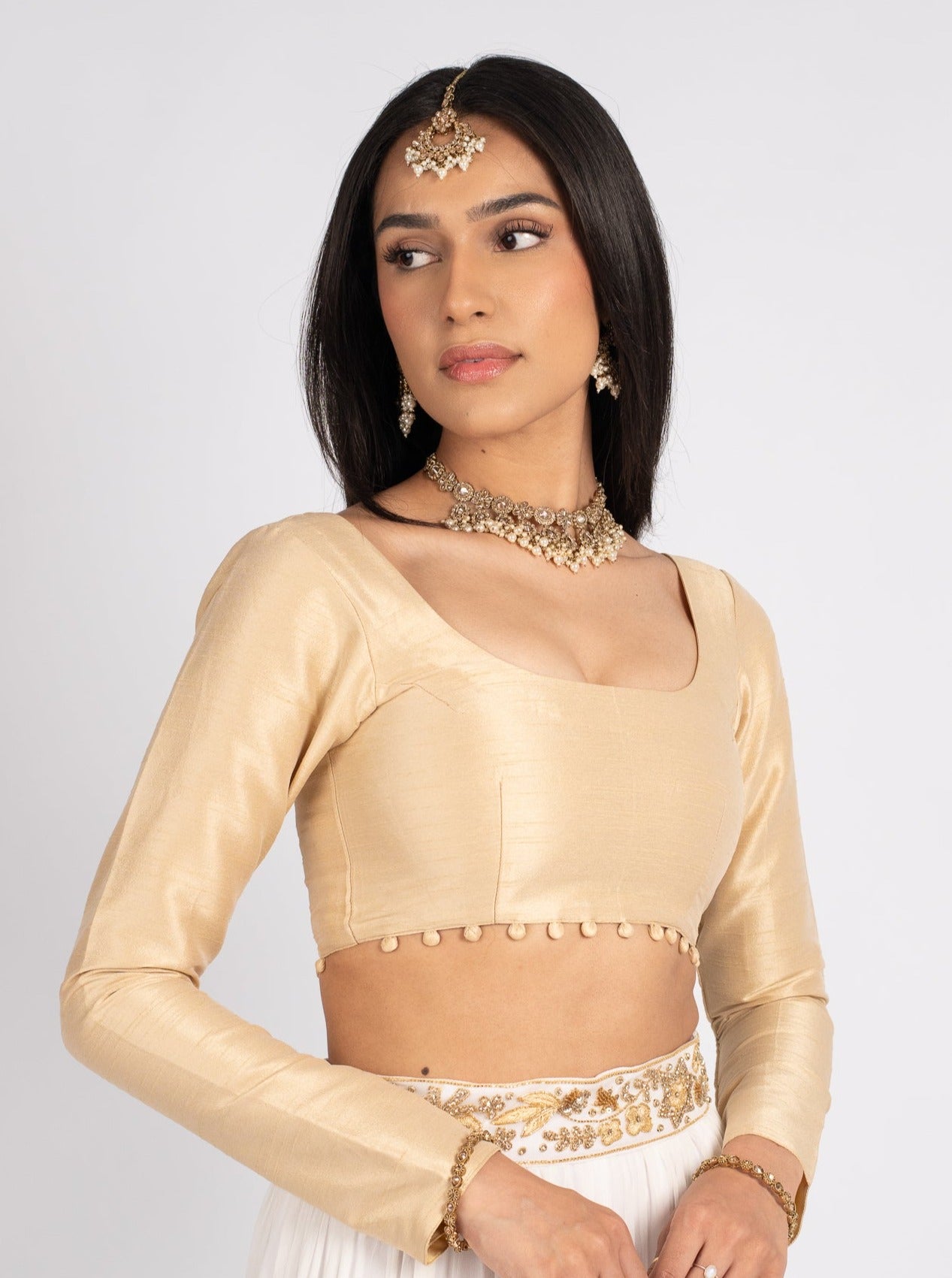 Champagne Long Sleeve Pom Blouse