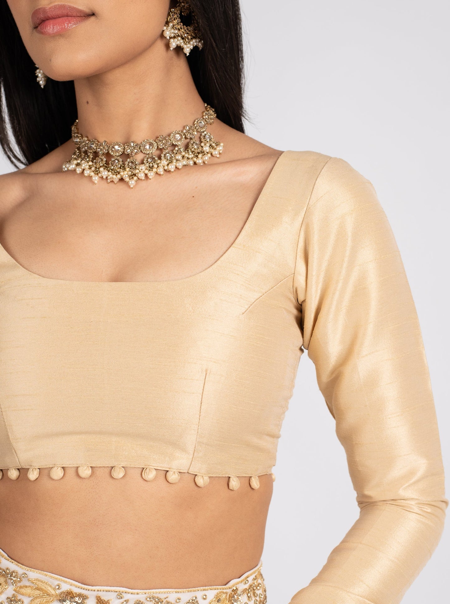 Champagne Long Sleeve Pom Blouse