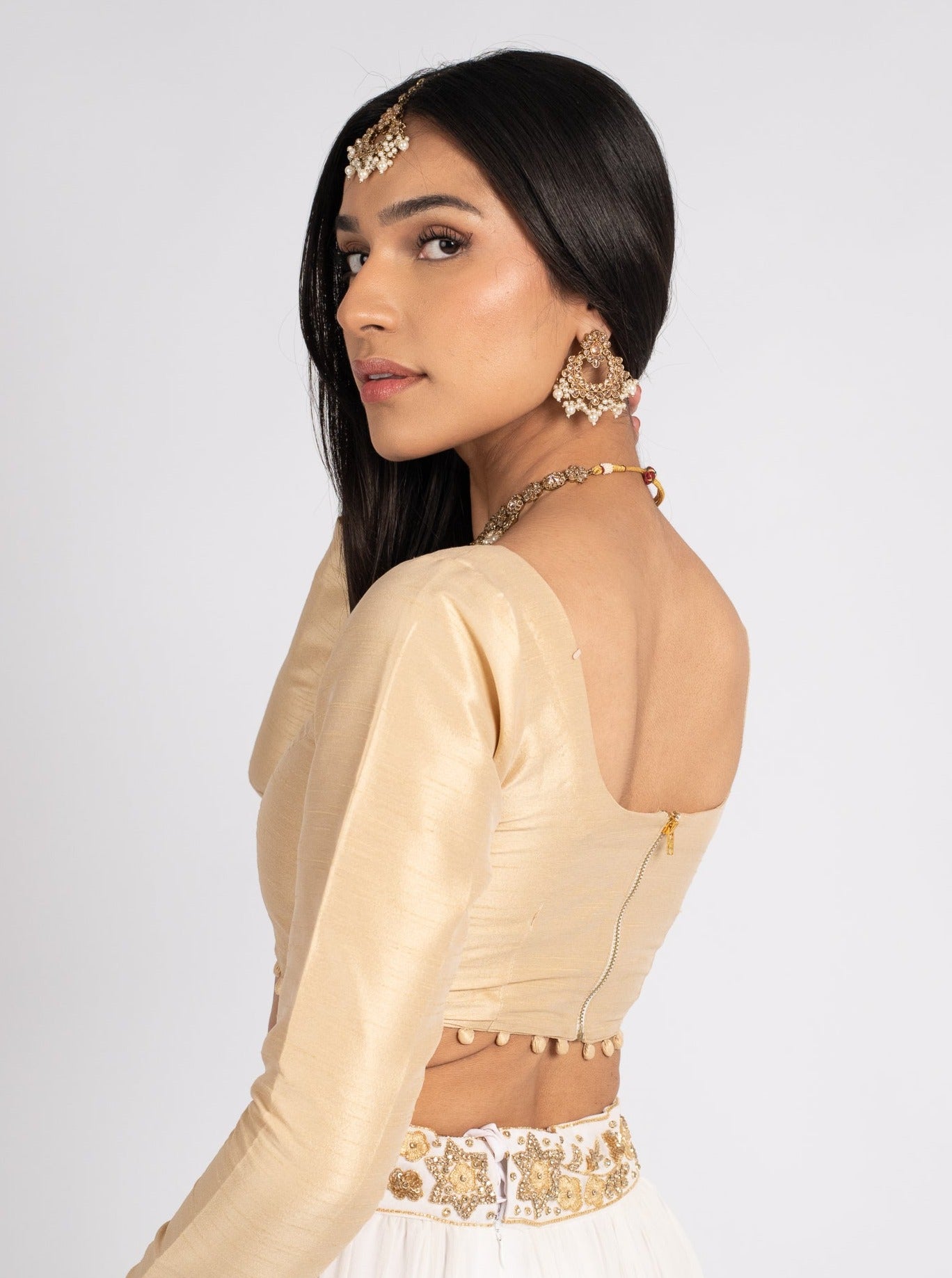 Champagne Long Sleeve Pom Blouse