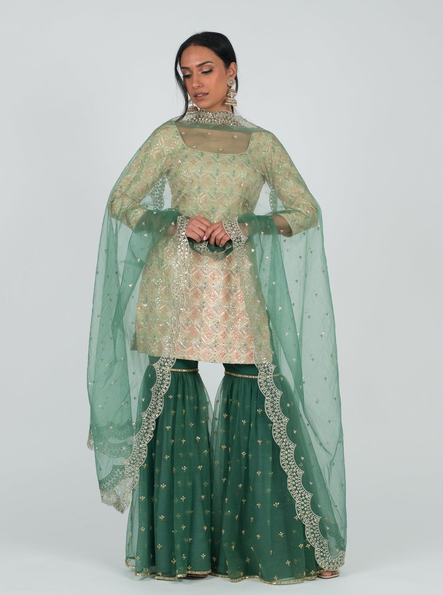 Pine Green Scalloped Dupatta