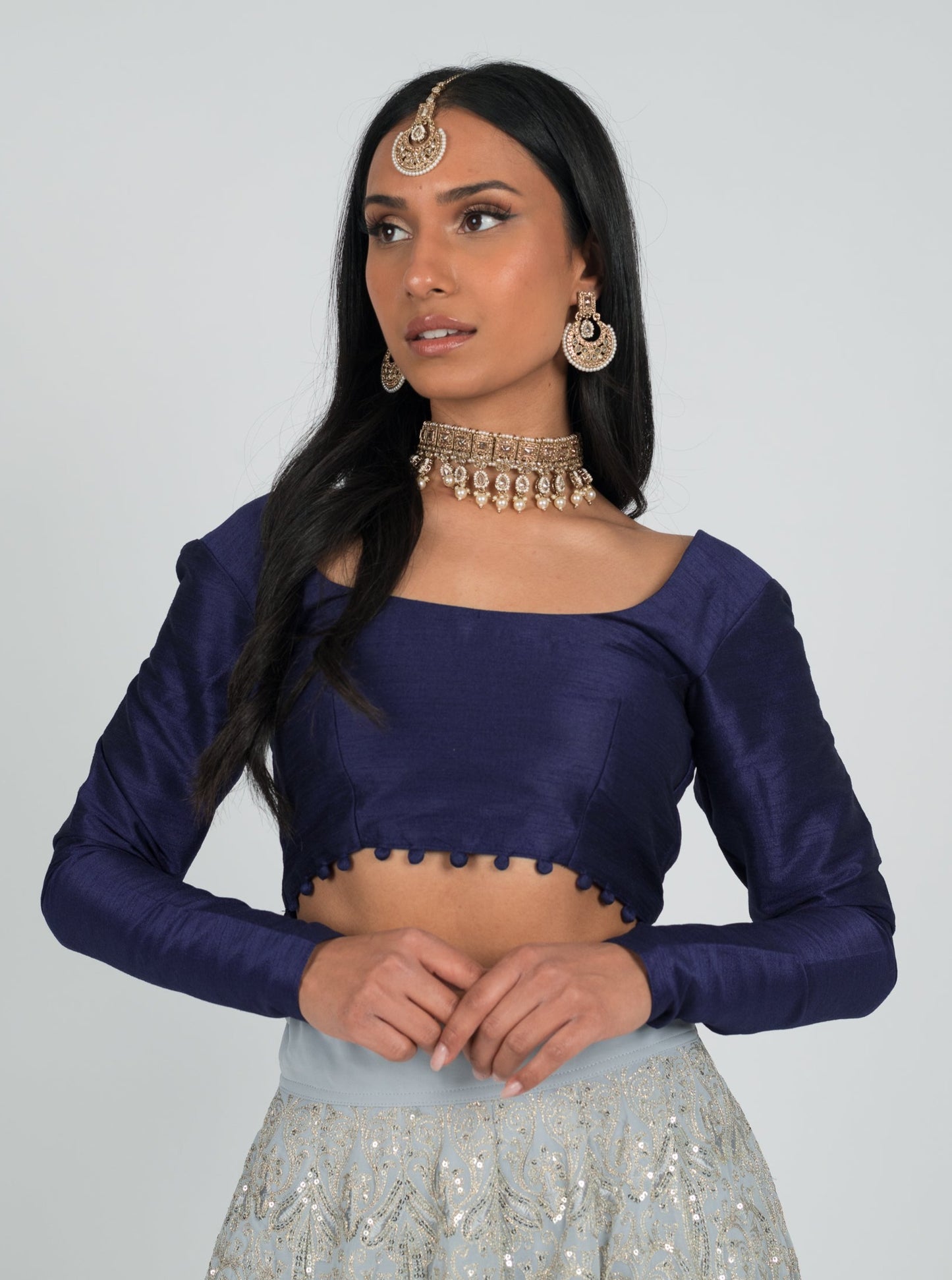Navy Long Sleeve Pom Blouse