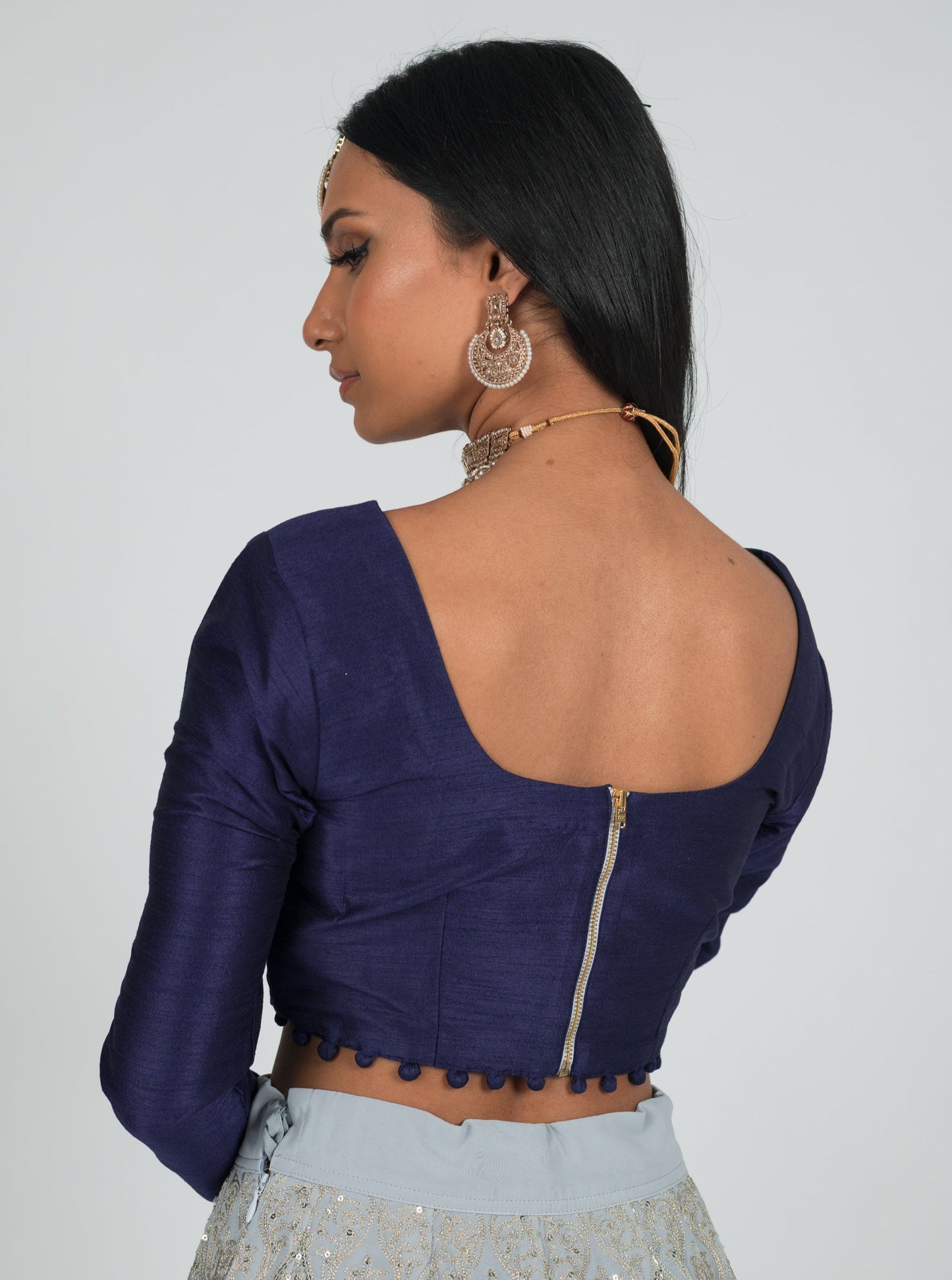 Navy Long Sleeve Pom Blouse