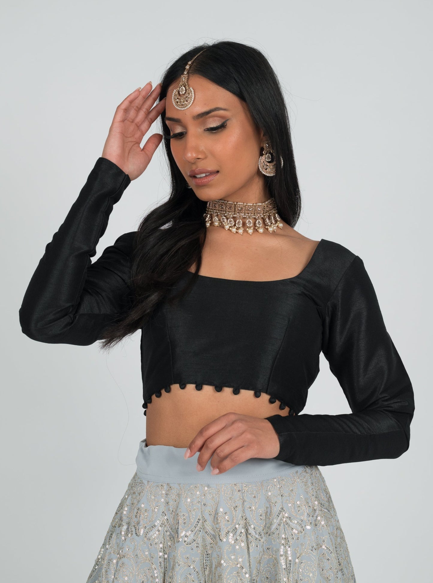 Black Long Sleeve Pom Blouse