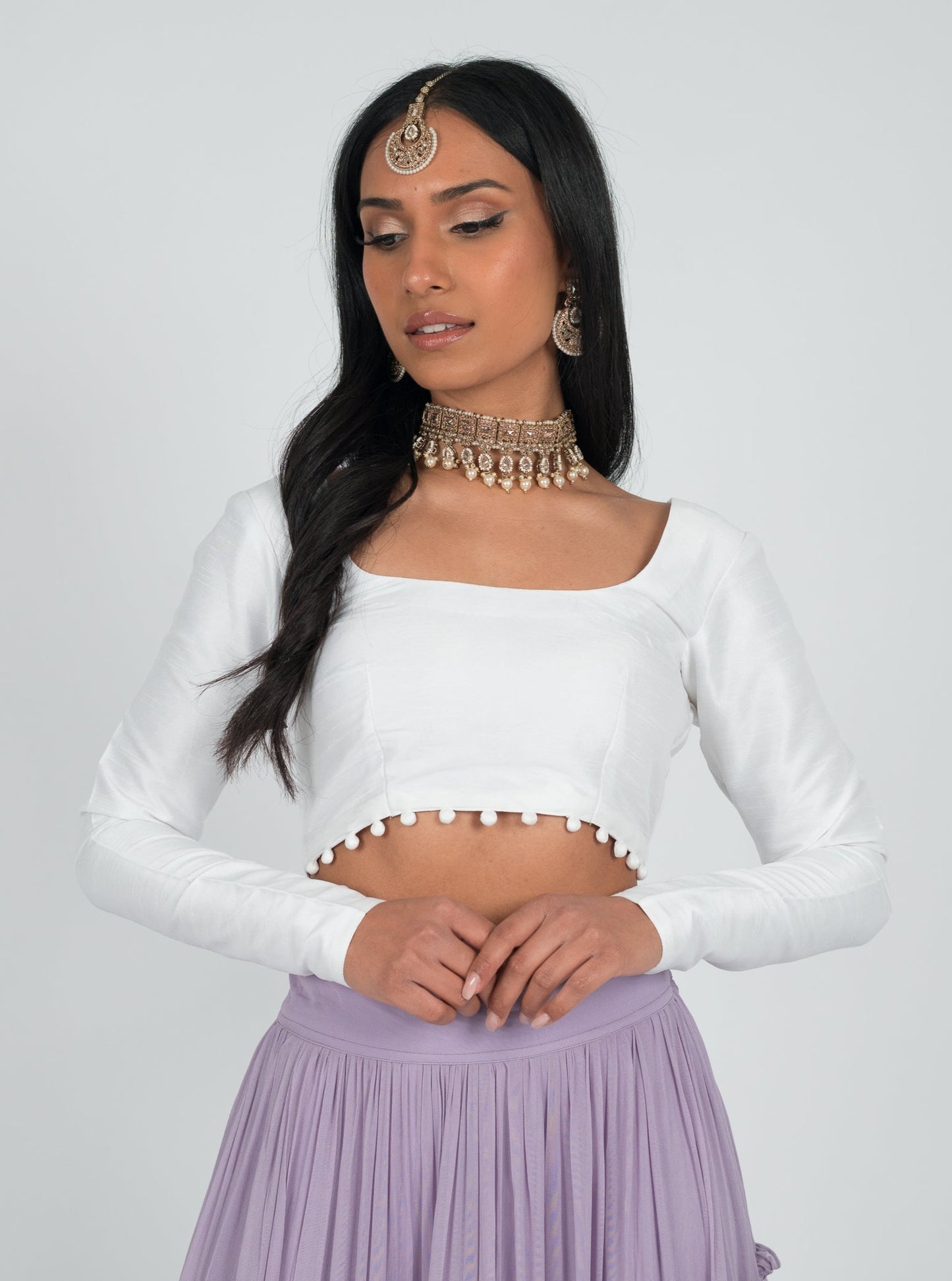 White Long Sleeve Pom Blouse