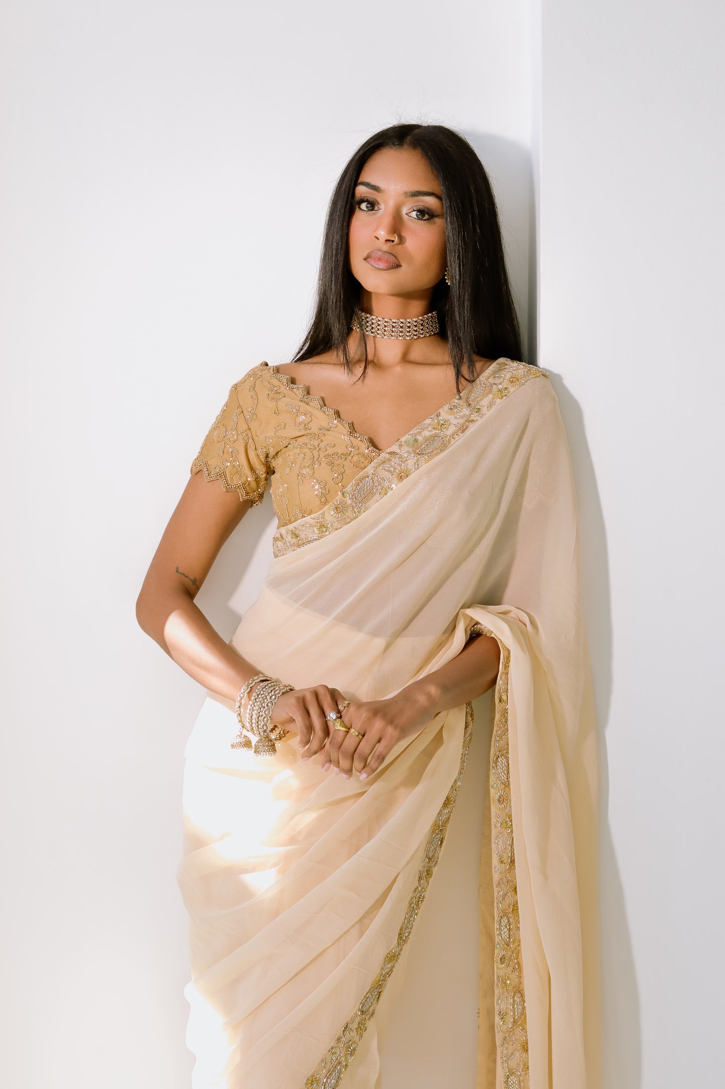 Champagne Chiffon Easy-Drape Saree