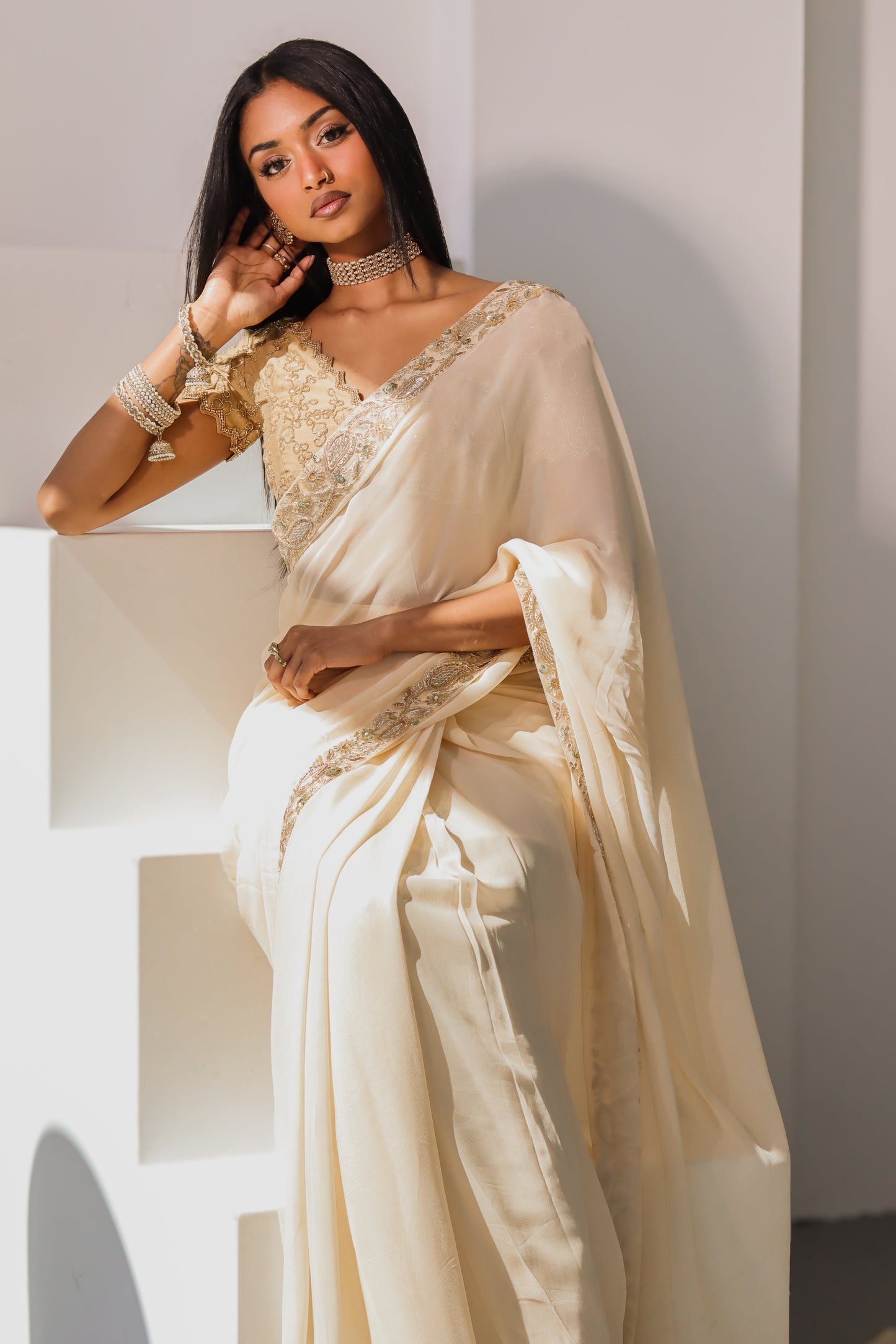 Champagne Chiffon Easy-Drape Saree