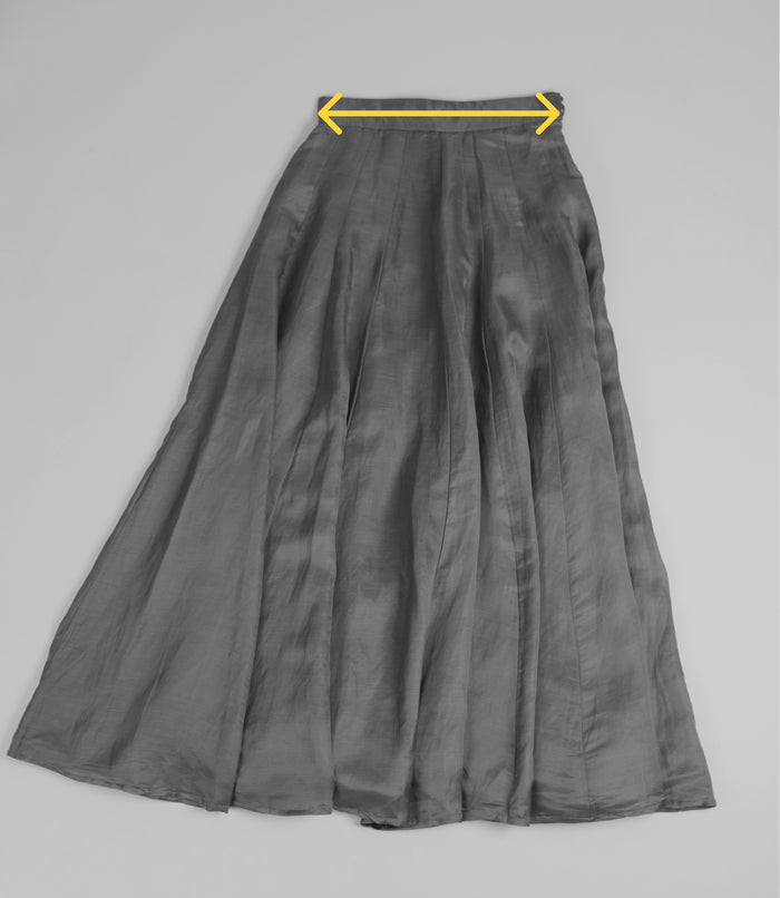 Measure skirt waist straight across the waistband; multiply by 2 for circumference