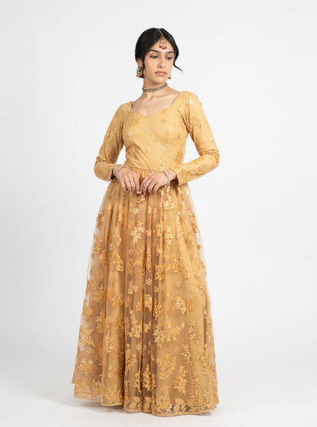 Cream Georgette All-Over Laddi Pattern Anarkali Style Gown With Sequins  Embroidery And Latkan Dupatta | Exotic India Art