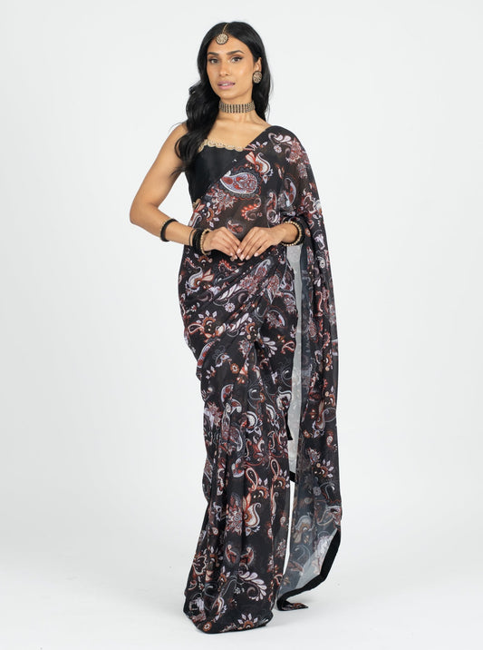 Black Paisley Easy-Drape Saree