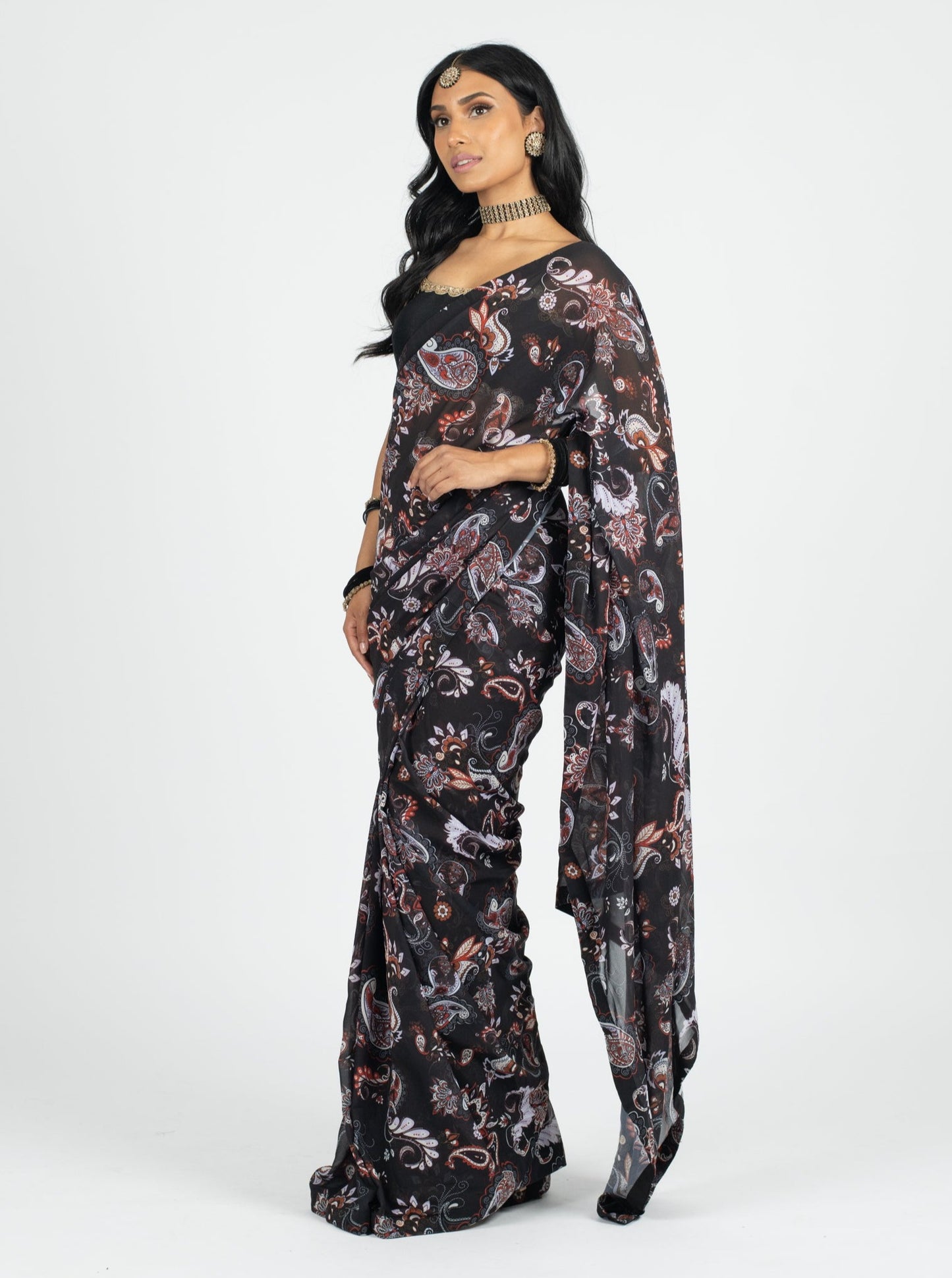 Black Paisley Easy-Drape Saree