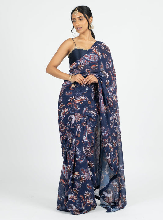 Navy Paisley Easy-Drape Saree