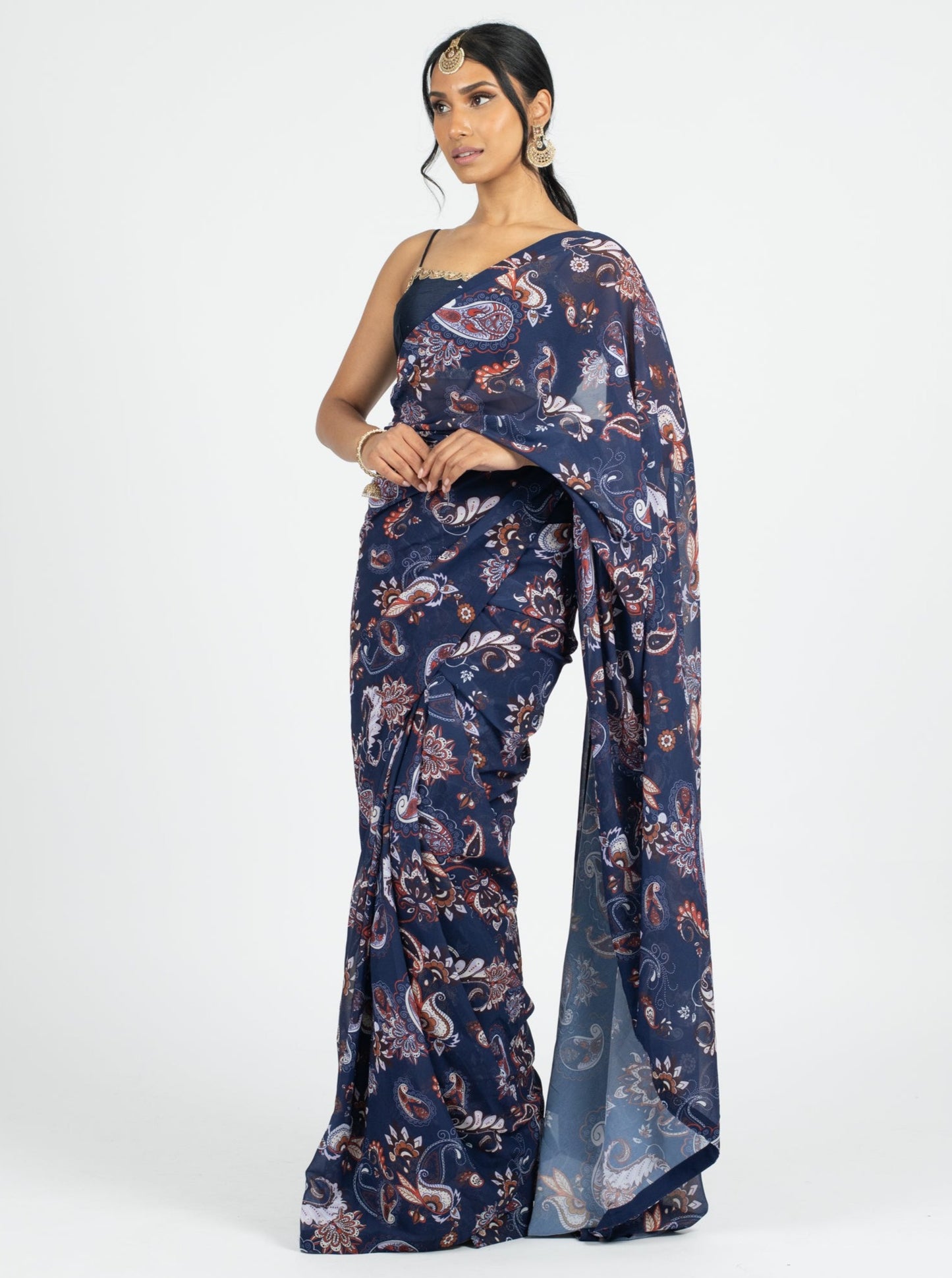 Navy Paisley Easy-Drape Saree