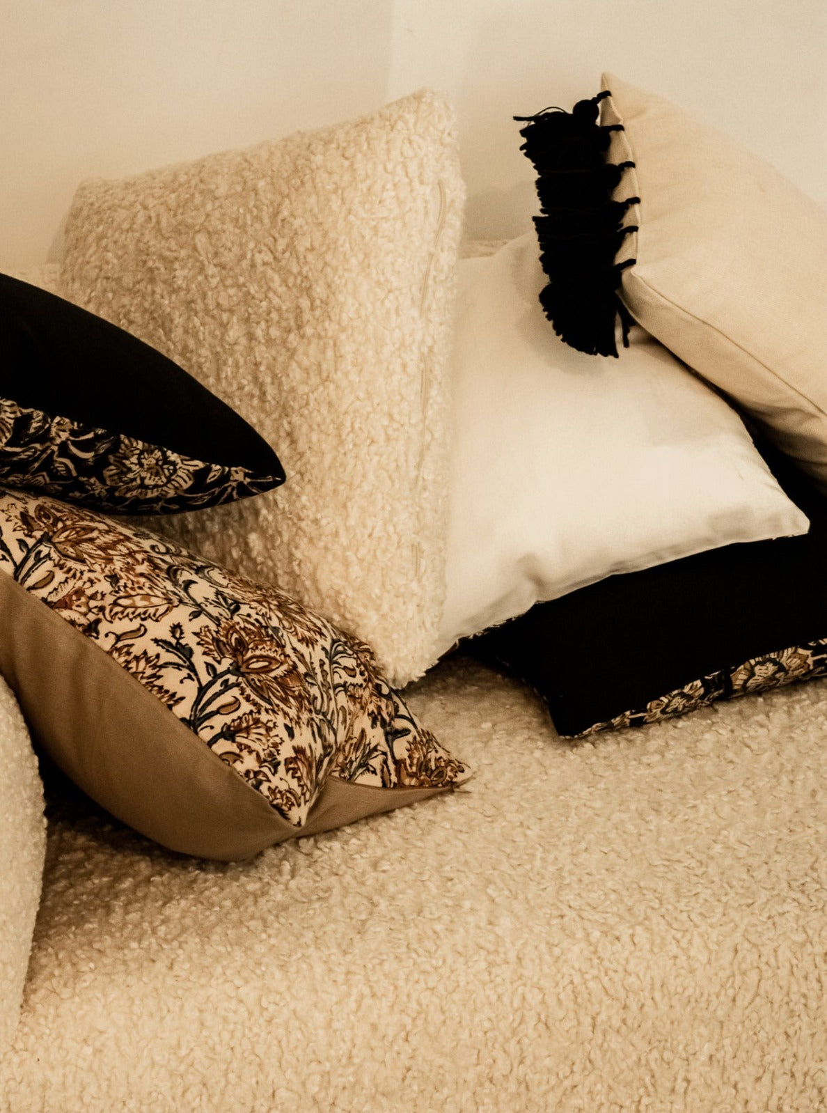 Beige Tassel Lumbar Pillow Cover